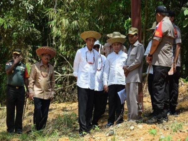 Jokowi (tengah) ketika meninjau Bukit Nyuling, Kelurahan Tumbang Talaken, Kecamatan Manuhing, Kabupaten Gunung Mas di Kalteng, semalam.