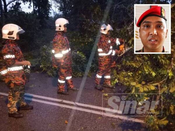 Sekumpulan anggota bomba yang terlibat dalam operasi khidmat khas menebang pokok tumbang di Tertak Batu. Gambar kecil: Zulkifli Md Akhir