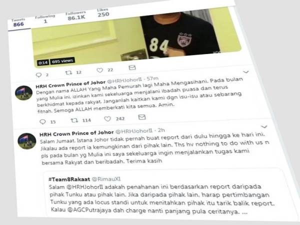 Paparan skrin akaun rasmi Twitter Tunku Mahkota Johor, Tunku Ismail Ibni Sultan Ibrahim.