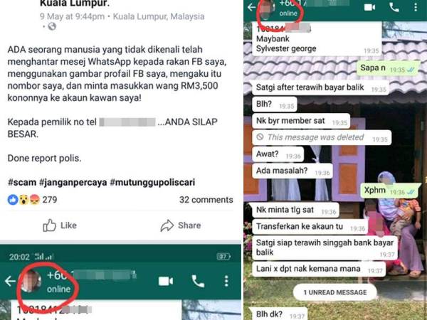 Mangsa memuat naik kenyataan di Facebook peribadinya, semalam, berhubung penipuan scam yang menggunakan namanya.