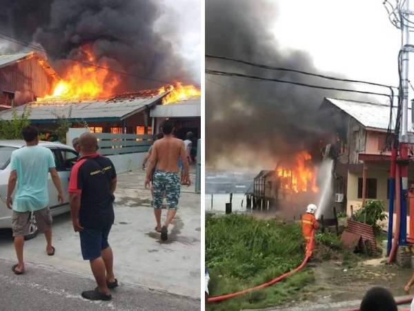 Keadaan salah sebuah rumah mangsa yang sedang terbakar dijilat api di Bagan Seberang, Kuala Kurau semalam.