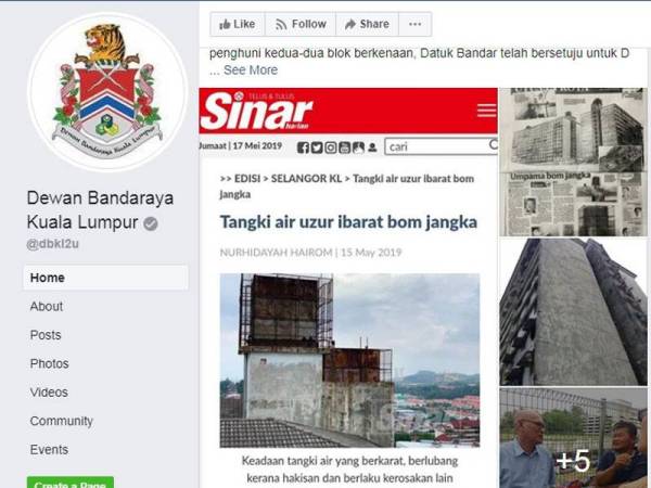 Kenyataan dimuatnaik DBKL di Facebook berkenaan isu tangki air uzur di Pangsapuri Blok 1&3 Taman Bukit Cheras,di sini