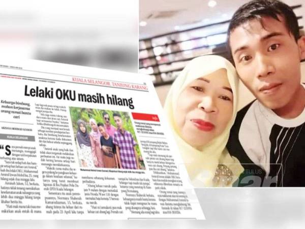 Keratan siaran Sinar Harian pada 6 Mei lalu mengenai kehilangan Amirul Izwan sejak 21 April lalu dan gambar Amirul Izwan (kanan) bersama ibunya yang sehingga kini masih hilang.
