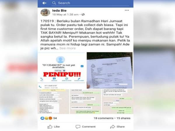 Ieda Bie memuat memuat naik pengalaman ditipu pelanggan di Facebooknya.
