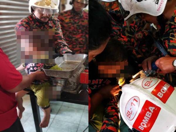 Muhammad Farhan menahan sakit kira-kira 30 minit selepas tangan kirinya tersepit dalam mesin pengisar pelbagai guna di sebuah premis di Lorong Kamali, Kampung Delek Kanan, pagi semalam. Gambar kanan, anggota bomba dan Penyelamat bertungkus-lumus mengeluarkan tangan mangsa yang tersepit di dalam mesin pengisar pelbagai guna dalam kejadian, pagi semalam. - Foto ihsan BBP Kota Raja