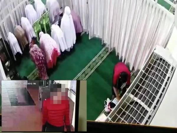 Kelibat suspek sedang melakukan kegiatan mencuri berjaya dirakam menerusi CCTV di surau terbabit. Gambar kecil, suspek yang dikesan melakukan kegiatan tersebut di Surau Al Ulum, Kota Damansara. 