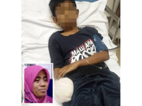 Syafiq Haiqal, 13, menerima rawatan di HSNZ, di sini selepas parah di bahagian pergelangan tangan. Gambar kecil: Zainab