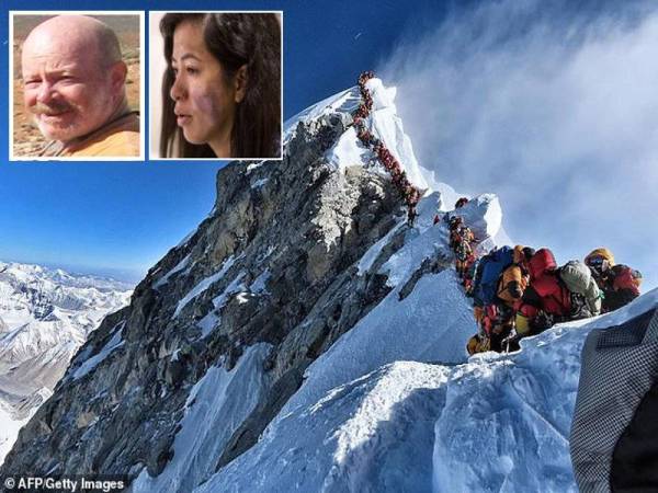 Para pendaki terpaksa menunggu lama untuk turun dari puncak dengan bekalan oksigen yang terhad. Gambar kecil: Christopher John Kulish dan Ameesha Chauhan.