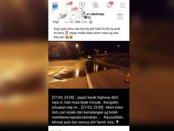 Info tumpahan minyak di Lebuh Raya KLK dikaitkan dengan tindakan sabotaj pihak tertentu yang tular di laman sosial.