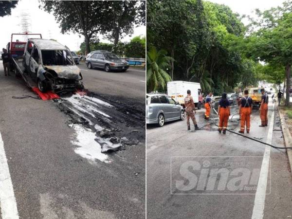 Salah sebuah kenderaan terlibat telah terbakar namun berjaya dipadamkan dengan bantuan pasukan bomba dan penyelamat. Gambar kanan: Pasukan bomba membantu memadamkan api kenderaan yang telah terbakar dalam kejadian tersebut.