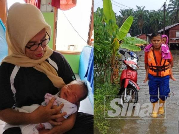 Juliana memangku cucu lelakinya yang baru berusia 21 hari ketika ditemui di pusat pemindahan. Gambar kanan, anggota Angkatan Pertahanan Awam Malaysia (APM) membantu seorang kanak-kanak keluar dari kawasan rumah yang dinaiki air.