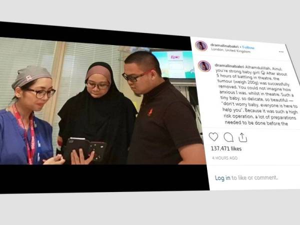 Hantaran di laman Instagram Dr Amalina bersama ibu bapa Ainul sebaik selesai pembedahan di sebuah hospital kanak-kanak di London.