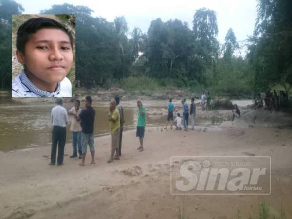 Penduduk kampung turut bersama dalam operasi mencari dan menyelamat seorang pelajar dikhuatiri lemas di Sungai Jeram Busu, Raub petang tadi. Gambar kecil:Muhammad Muzzafar Shah Mohamad Rozi
