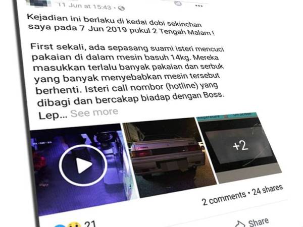 Pemilik kedai dobi memuat naik rakaman CCTV dan status di Facebooknya mengenai tindakan biadab lelaki berkenaan. 