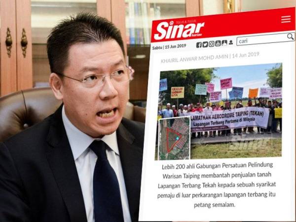 Laporan Sinar Harian berkaitan 200 ahli Gabungan Persatuan Pelindung Warisan Taiping mengadakan perhimpunan aman membantah penjualan tanah Lapangan Terbang Tekah, di sini kepada sebuah syarikat pemaju di luar pekarangan lapangan terbang itu, semalam.