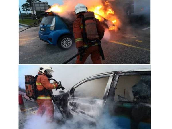 Anggota bomba memadamkan kebakaran kereta yang terlibat dengan kemalangan pagi tadi.