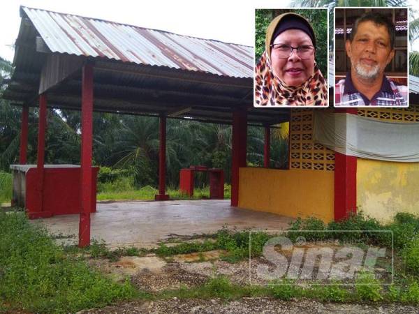 Makam Datuk Kambing yang ditutup dengan bangunan berwarna kuning merah. Gambar kecil: Latifah dan Alias.