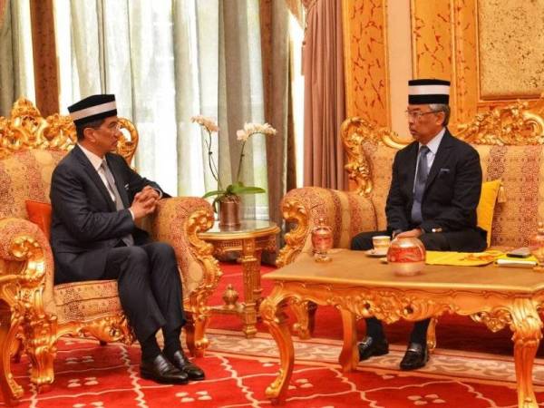 Yang di-Pertuan Agong ketika menerima mengadap Menteri Hal Ehwal Ekonomi, Datuk Seri Mohamed Azmin Ali di Istana Negara semalam. - Foto Twitter Azmin