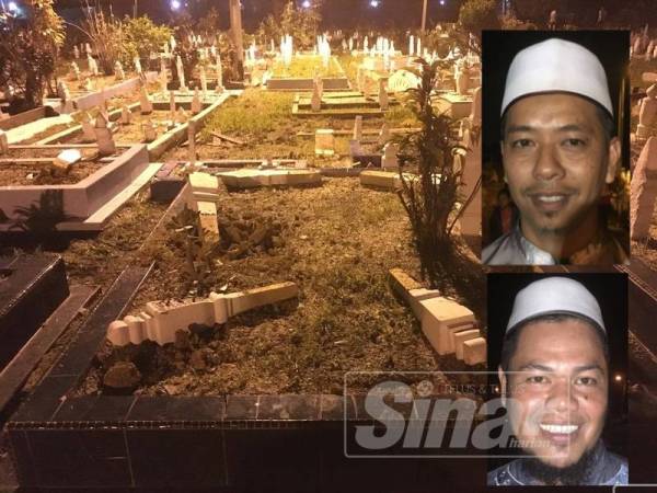 Kira-kira 30 kubur di Tanah Perkuburan Islam As-Syakirin, Bachang dirosakkan batu nisannya dipercayai angkara individu tidak bertanggungjawab. Gambar Kecil:Nik Syukran Muiz Rashid (atas) dan Nasran Mehat. 