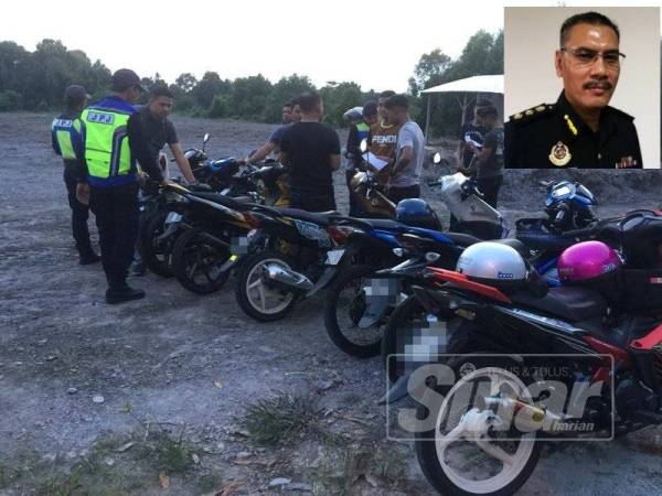 Anggota UPB JPJ Terengganu sedang melakukan pemeriksaan ke atas sebahagian motosikal ditunggangi mat rempit yang ditahan dalam Ops Khas Mat Rempit, semalam. (Gambar kecil, Zulkarnain)