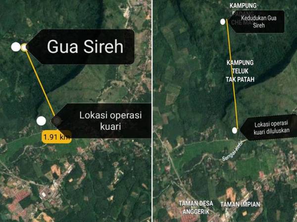 Jarak 1.91km antara Gua Sireh dan operasi kuari bakal dijalankan. Gambar kanan: Jarak di antara Gua Sireh dan lokasi projek kuari.