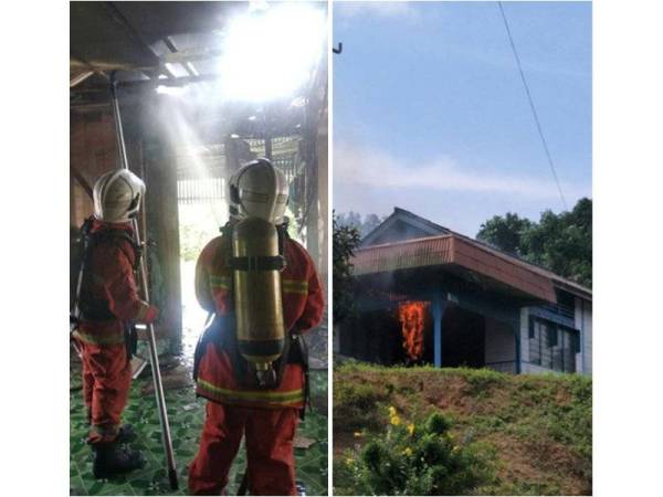 Anggota BBP Kota Tinggi ketika memadamkan kebakaran rumah di Jalan Melor Felda Air Tawar 2, kelmarin. Gambar kanan: Gambar dirakam penduduk ketika api mula membakar kediaman tersebut kelmarin.