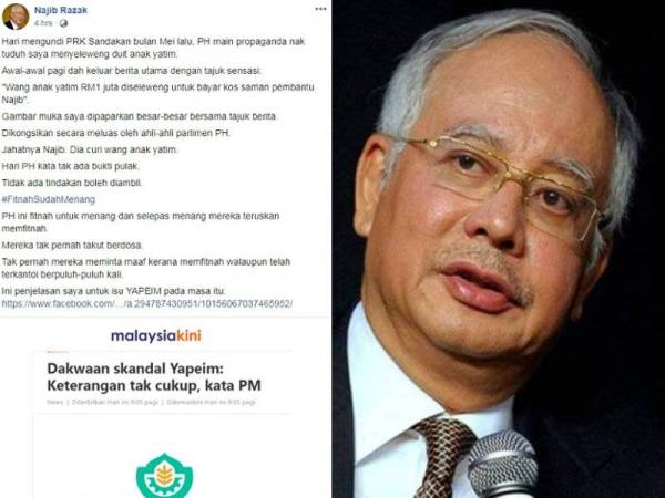 Najib membidas PH berkenaan tuduhan menyeleweng wang Yapeim menerusi hantaran di Facebooknya hari ini