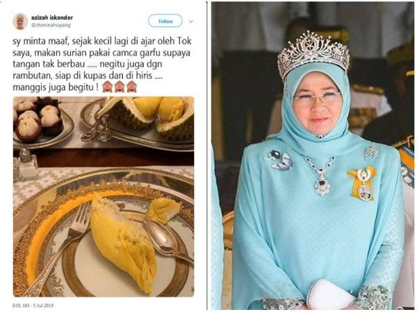 Raja Permaisuri Agong memuat naik gambar santap buah durian dengan kapsyen mohon maaf kerana menggunakan sudu dan garfu bagi menikmati raja buah itu. - FOTO TWITTER TUNKU AZIZAH