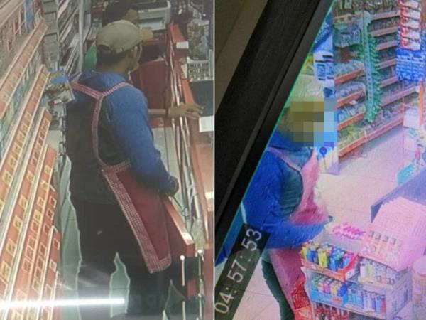 Suspek berapron merah jambu semasa melakukan samun di Telok Kemang Sabtu lalu. - Foto PDRM