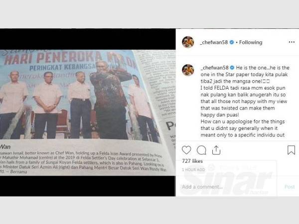 Chef Wan membuat kenyataan di akaun Instagram miliknya hari ini.