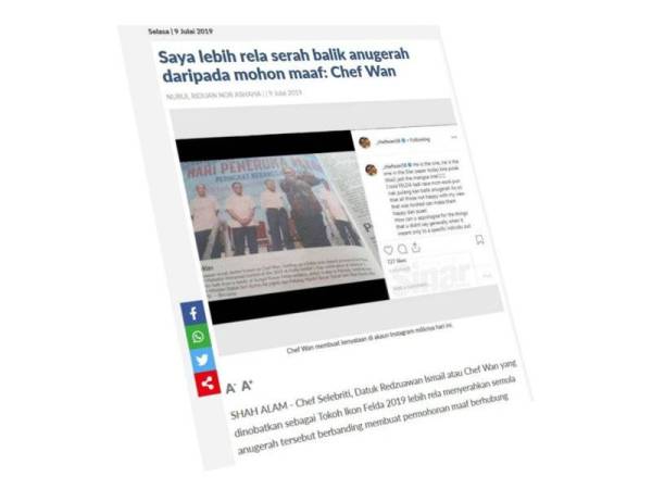 Paparan skrin antara berita berkaitan kontroversi pelantikan Chef Wan sebagai Tokoh Ikon Felda 2019.