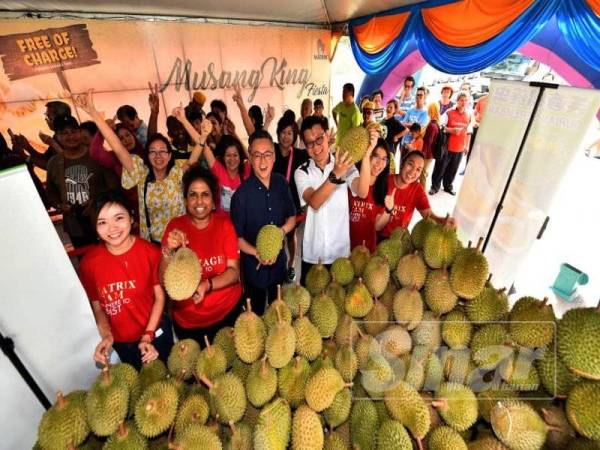 Kok Yee (tiga, kiri) menunjukkan durian musang king sempena Pesta Musang King di Matrix Galleria Ara Sendayan, hari ini.