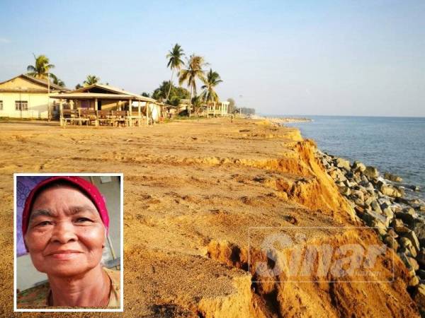 Rokiah tetap tinggal berdekatan pantai kerana tidak mampu membina rumah di tempat lain. Gambar kecil: Rokiah