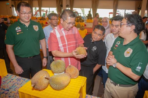 Salahuddin melihat durian selepas merasmikan Festival dan Anugerah Durian Bangi Golf Resort 2019 yang diadakan di Bangi, Selangor baru-baru ini.