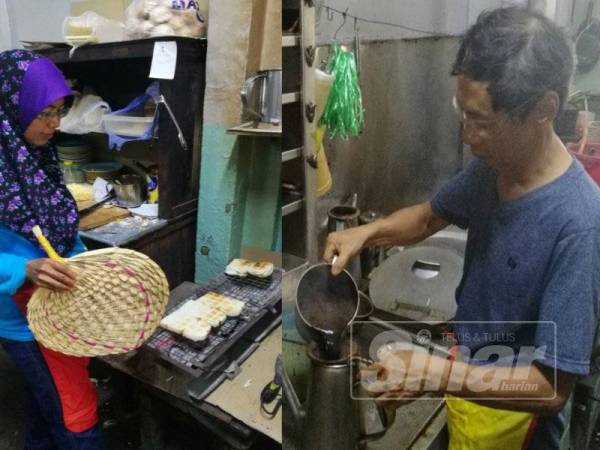 Roti di bakar di atas arang dan gambar kanan, Uncle Ati menyediakan kopi di Li Kopitiam. 