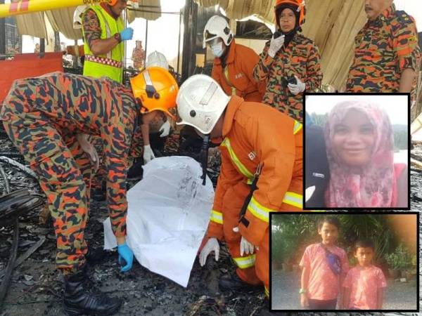 Anggota bomba mengangkat mangsa yang rentung. (Gambar kecil: Muhammad Haikal Hakimi (kiri) dan adiknya Muhamad Adam Daniel ditemui rentung)