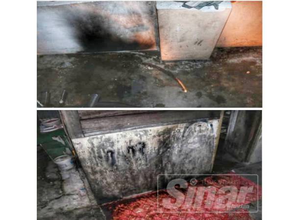 Paip air yang digunakan suspek turut dijumpai untuk menyedut petrol dari motosikal bapanya sebelum membakar dinding rumah, (gambar bawah) keadaan dinding rumah yang terbakar akibat perbuatan suspek..