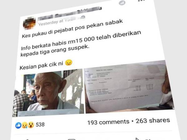 Warga emas terbabit tular di Facebook selepas alami kerugian RM15,000 akibat dipukau pihak tidak bertanggungjawab.