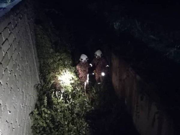 Anggota bomba berusaha menyelamatkan kucing jantan yang terjatuh ke dalam longkang di Taman Bahagia Intan di sini tadi.