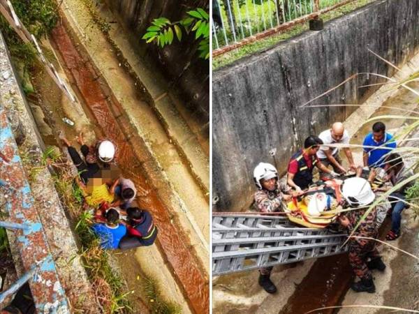 Mangsa ditemui dalam keadaan terbaring selepas terjatuh pada ketinggian tiga meter dalam kejadian di Kampung Kubu Gajah hari ini. Gambar kanan: Mangsa dibawa naik menggunakan pengusung selepas patah kaki dan cedera di kepala dalam insiden jatuh longkang di Kampung Kubu Gajah hari ini. - Foto Fecebook BBP Sungai Buloh