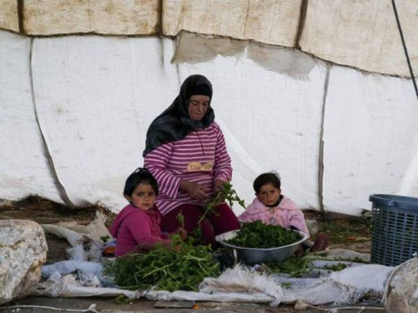 Seorang wanita Palestin dan dua anak kecilnya mencuci sayur di luar khemah mereka di Kawasan C.