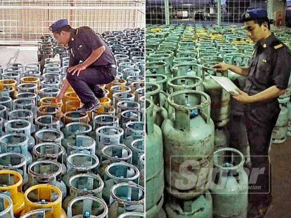 Anggota penguat kuasa KPDNHEP memeriksa tong gas yang ditempatkan di sebuah gudang tidak berlesen di Pengkalan Chepa.