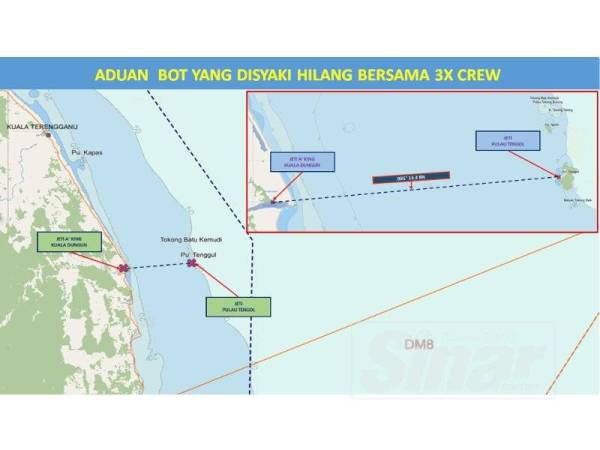 Peta menunjukkan lokasi melibatkan kawasan pencarian SAR.