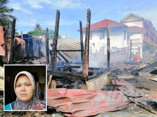 Anggota bomba memadam kebakaran melibatkan tiga rumah di Kampung Padang Pohon Tanjong. (Gambar kecil, Norma)