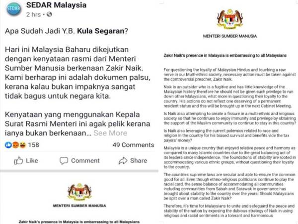 Isu Zakir Naik Kula Segaran Dikecam Guna Kepala Surat Kementerian