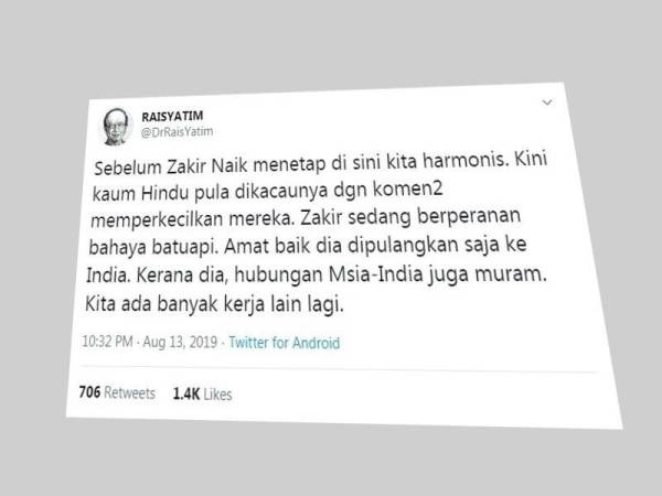 Kenyataan Rais di Twitter miliknya.