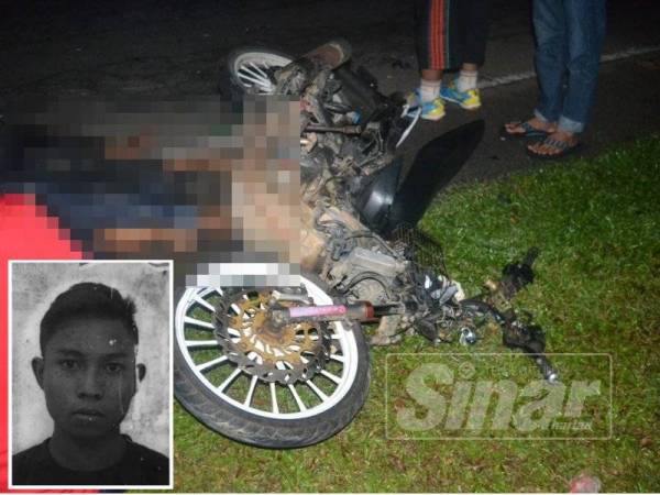 Keadaan motosikal mangsa yang rosak teruk selepas melanggar seekor kerbau. (Gambar kecil, Zulkhairilzam)