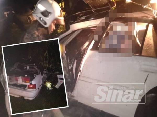 Anggota bomba mengeluarkan mangsa yang tersepit sebelum diserahkan kepada pihak polis untuk siasatan lanjut. (Gambar kecil, keadaan kereta dipandu mangsa remuk selepas melanggar pokok kelapa sawit.)