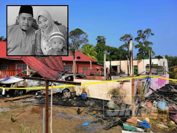 Keadaan rumah didiami tiga beranak yang ditemui rentung dalam kebakaran pagi tadi. (Gambar kecil: Mohd Sharidan Abdul Aziz, 29, dan isteri, Siti Rafini Mohd Rafiee, 27, bersama anak tunggal lelaki mereka, Rafiq, 14 bulan)