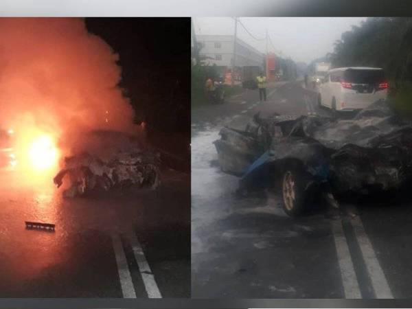 Anggota bomba membantu memadam kebakaran kereta terlibat sebelum mengeluarkan mayat mangsa yang tersepit.